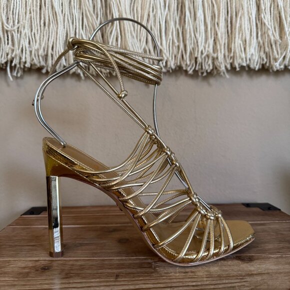 Sam Edelman Lylah Gold Metallic Open Toe Strappy Ankle Wrap High Heels Size 8.5 - Picture 8 of 15